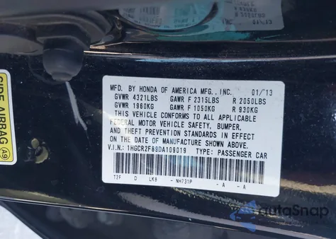 2013 Honda Accord Ex-L from USA, damaged, VIN 1HGCR2F89DA109019